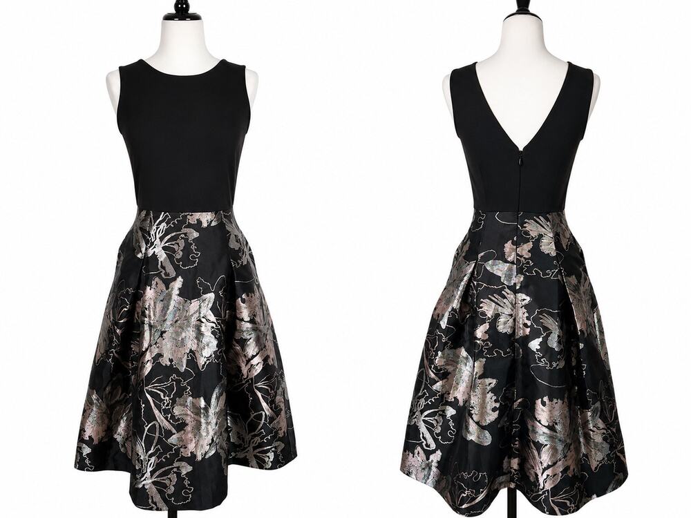 New York & Company Metallic Fit & Flare Floral Dress with Pockets
